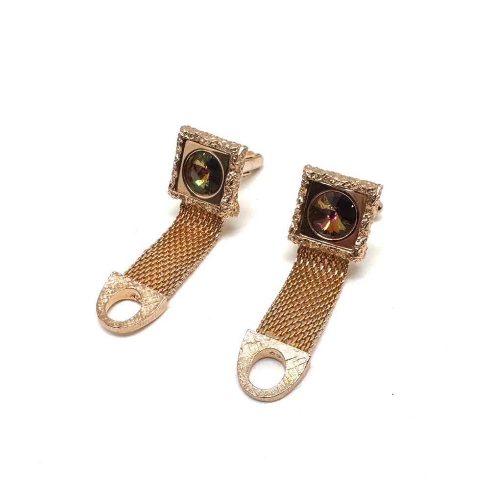 Vintage Watermelon Rivoli Wraparound Cufflinks Textured Square Goldtone Mesh